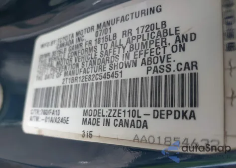 2002 Toyota Corolla Le из США, поврежденный, VIN 2T1BR12E82C545451